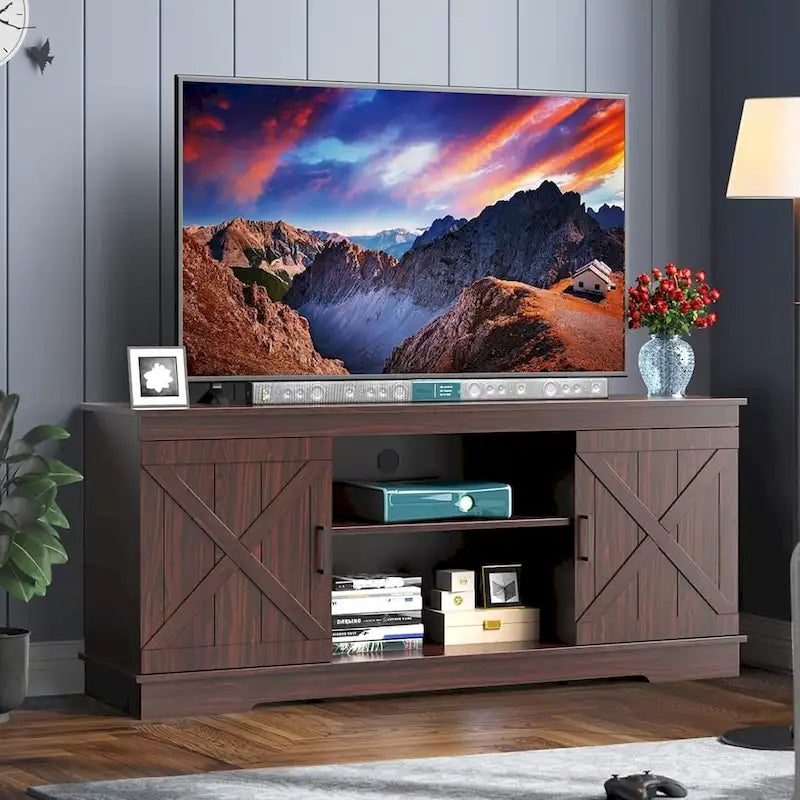 Farmhouse TV Stand with Barn Door & Storage Cabinets