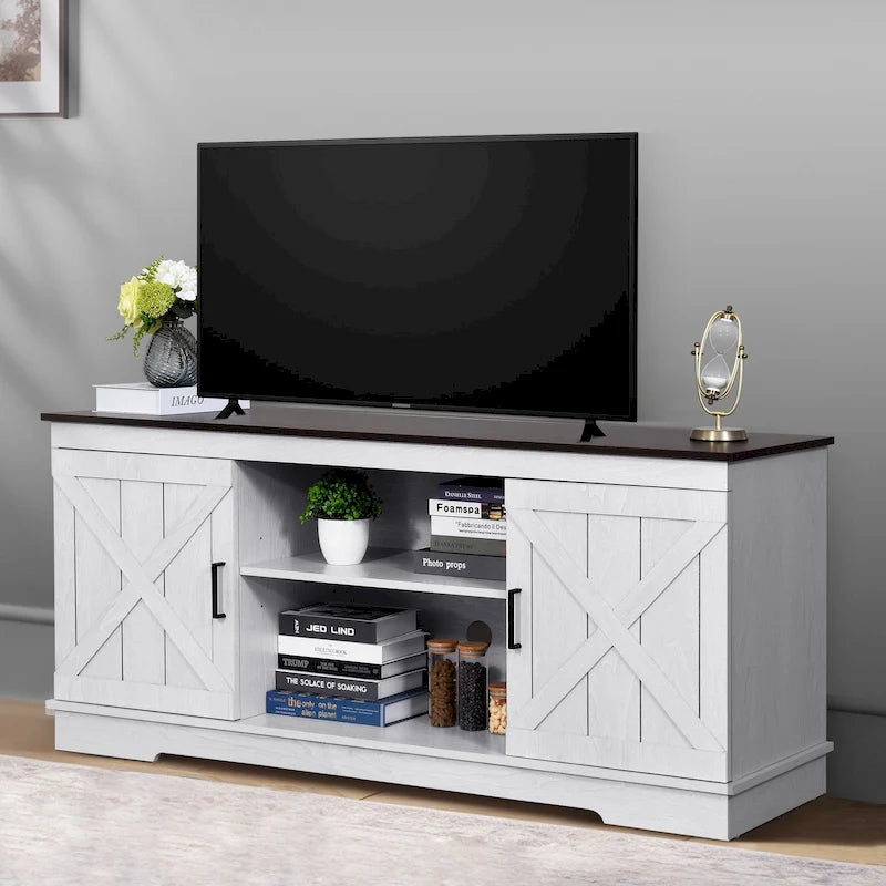 Farmhouse TV Stand with Barn Door & Storage Cabinets