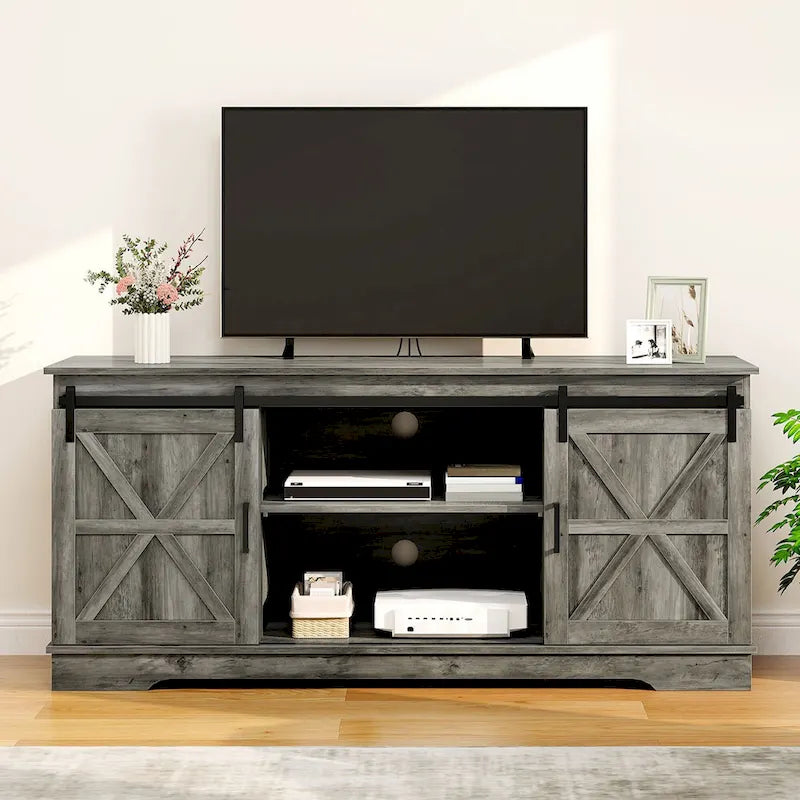 Farmhouse TV Stand with Barn Door & Storage Cabinets