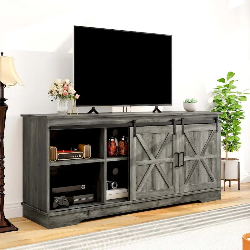 Farmhouse TV Stand with Barn Door & Storage Cabinets