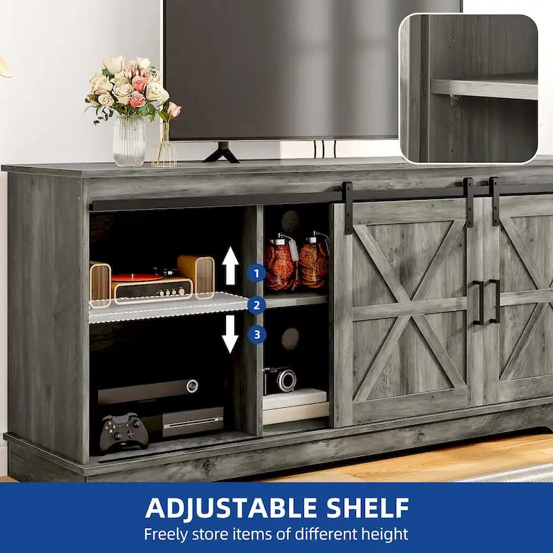 Farmhouse TV Stand with Barn Door & Storage Cabinets
