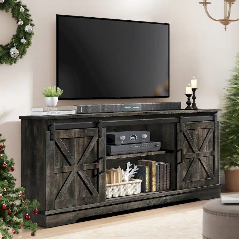 Farmhouse TV Stand with Barn Door & Storage Cabinets