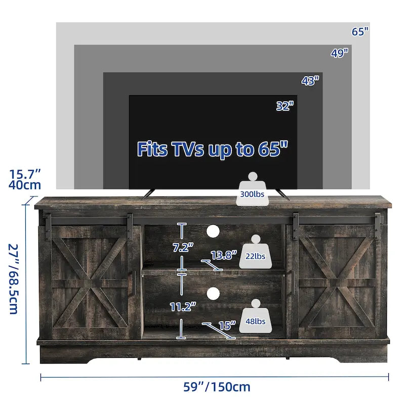 Farmhouse TV Stand with Barn Door & Storage Cabinets