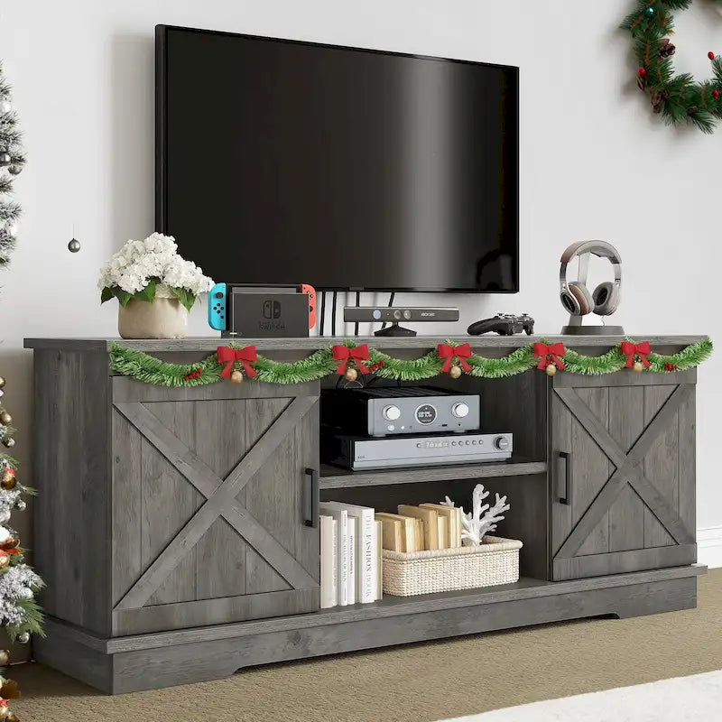 Farmhouse TV Stand with Barn Door & Storage Cabinets