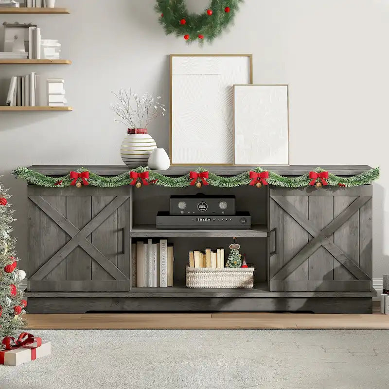 Farmhouse TV Stand with Barn Door & Storage Cabinets