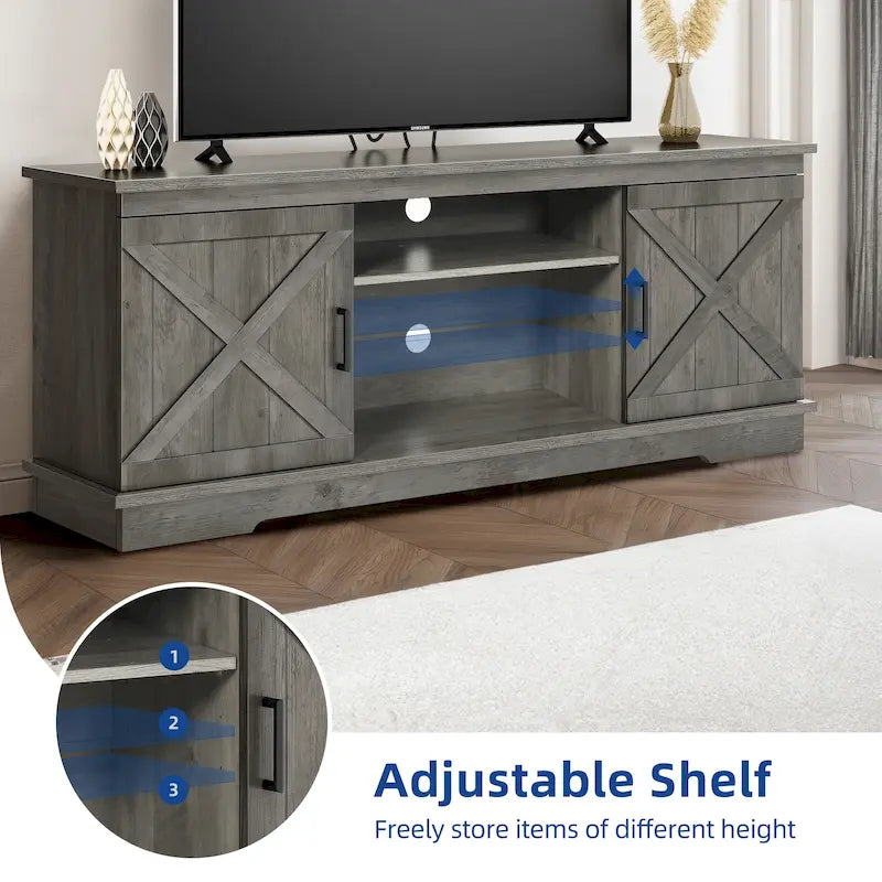 Farmhouse TV Stand with Barn Door & Storage Cabinets