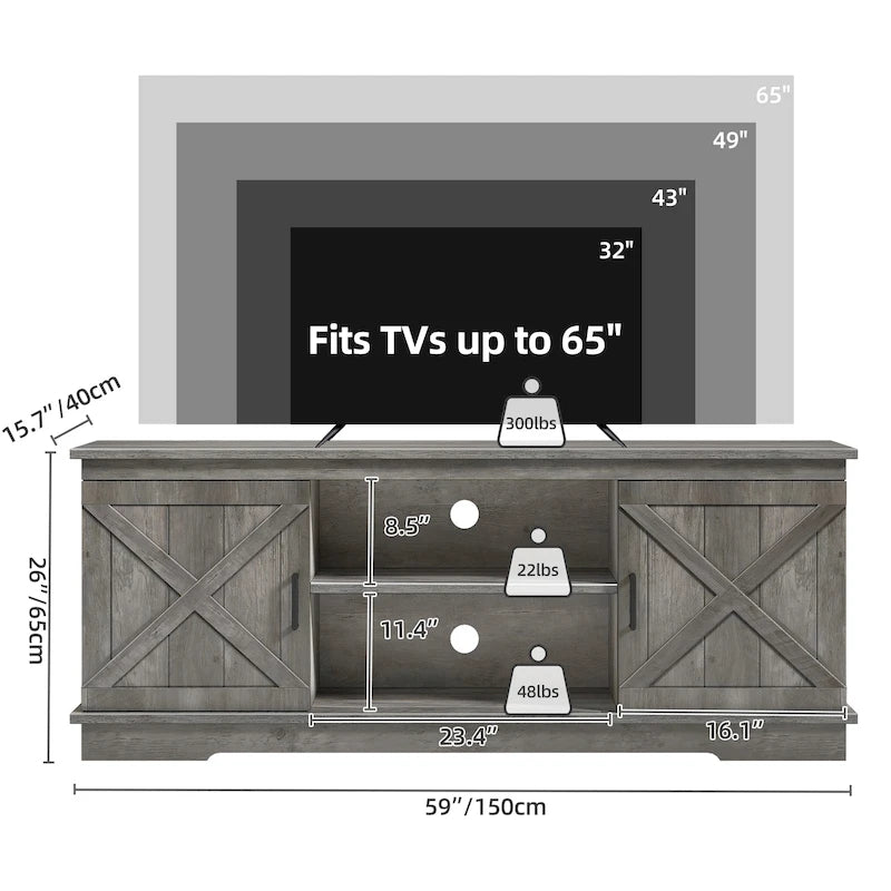 Farmhouse TV Stand with Barn Door & Storage Cabinets