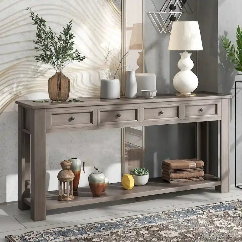 Tavolo consolle / tavolo da divano con cassetti contenitori e ripiano inferiore - 63L x 14W x 30H