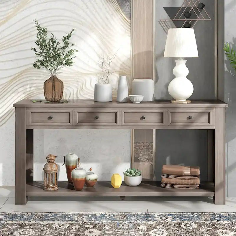 Tavolo consolle / tavolo da divano con cassetti contenitori e ripiano inferiore - 63L x 14W x 30H