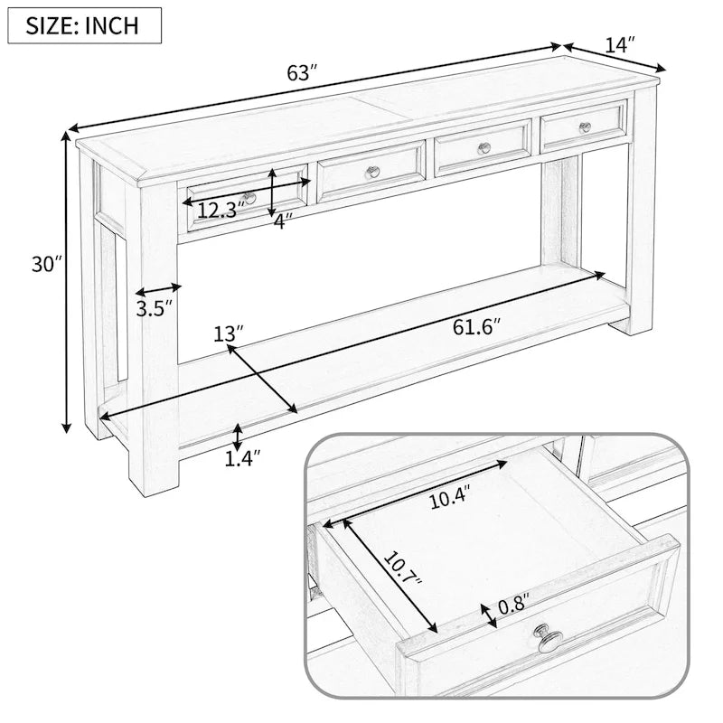 Tavolo consolle / tavolo da divano con cassetti contenitori e ripiano inferiore - 63L x 14W x 30H