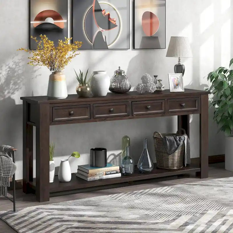 Tavolo consolle / tavolo da divano con cassetti contenitori e ripiano inferiore - 63L x 14W x 30H