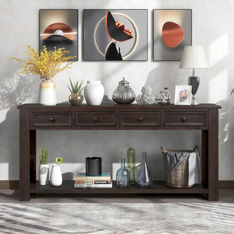 Tavolo consolle / tavolo da divano con cassetti contenitori e ripiano inferiore - 63L x 14W x 30H