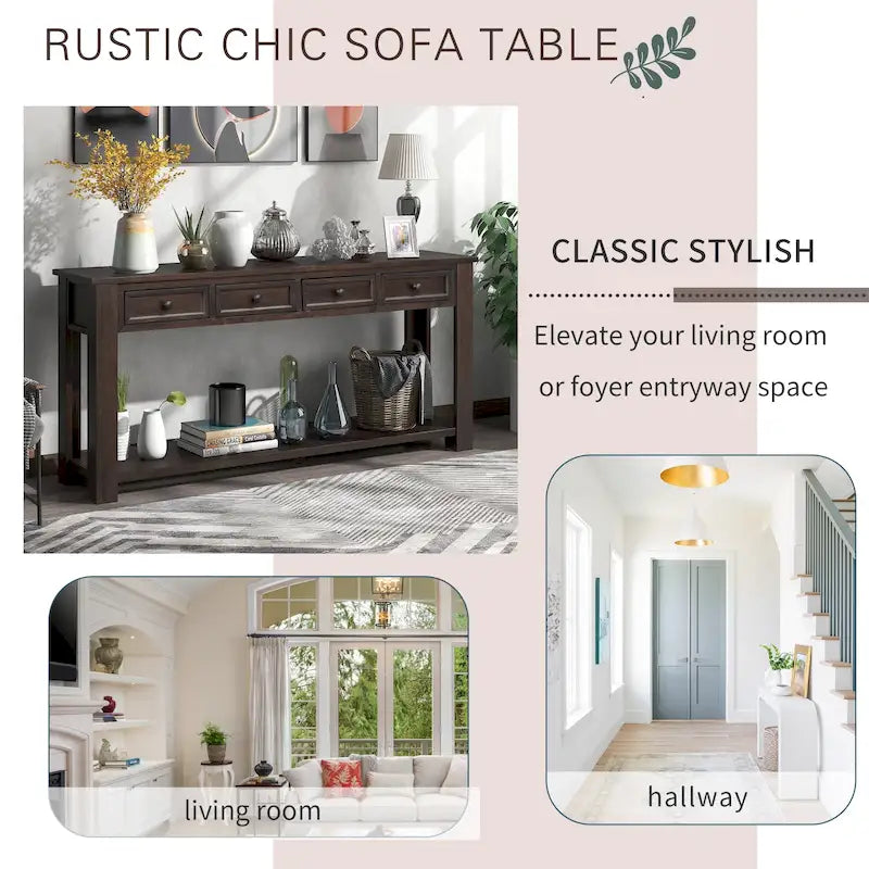 Tavolo consolle / tavolo da divano con cassetti contenitori e ripiano inferiore - 63L x 14W x 30H