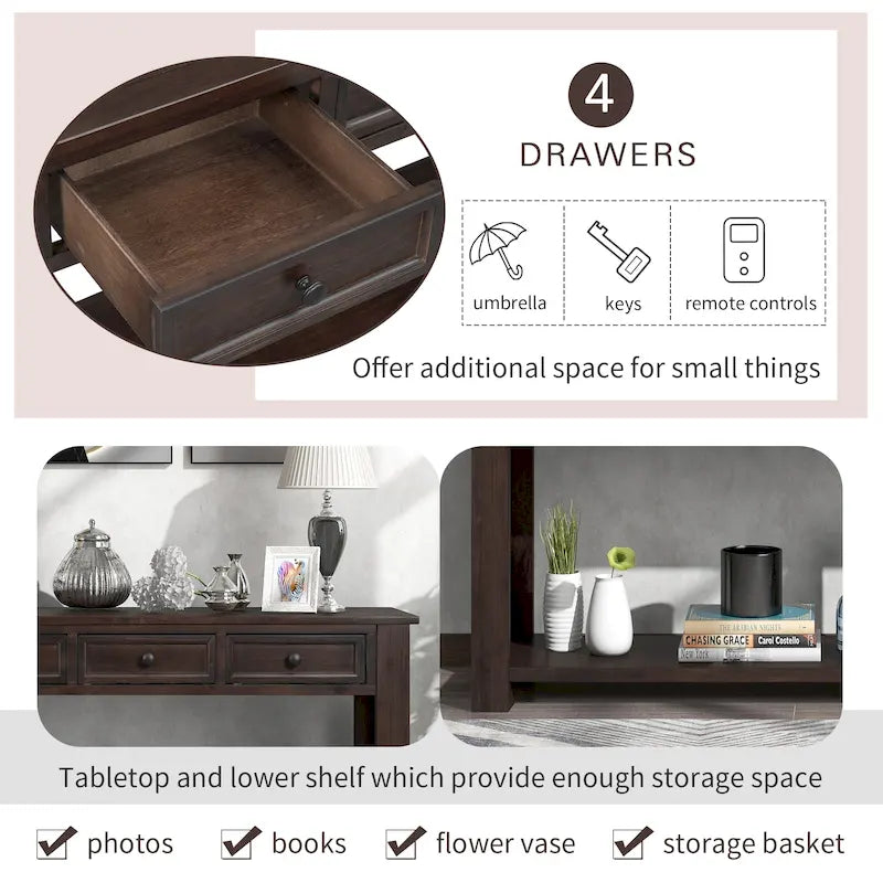 Tavolo consolle / tavolo da divano con cassetti contenitori e ripiano inferiore - 63L x 14W x 30H