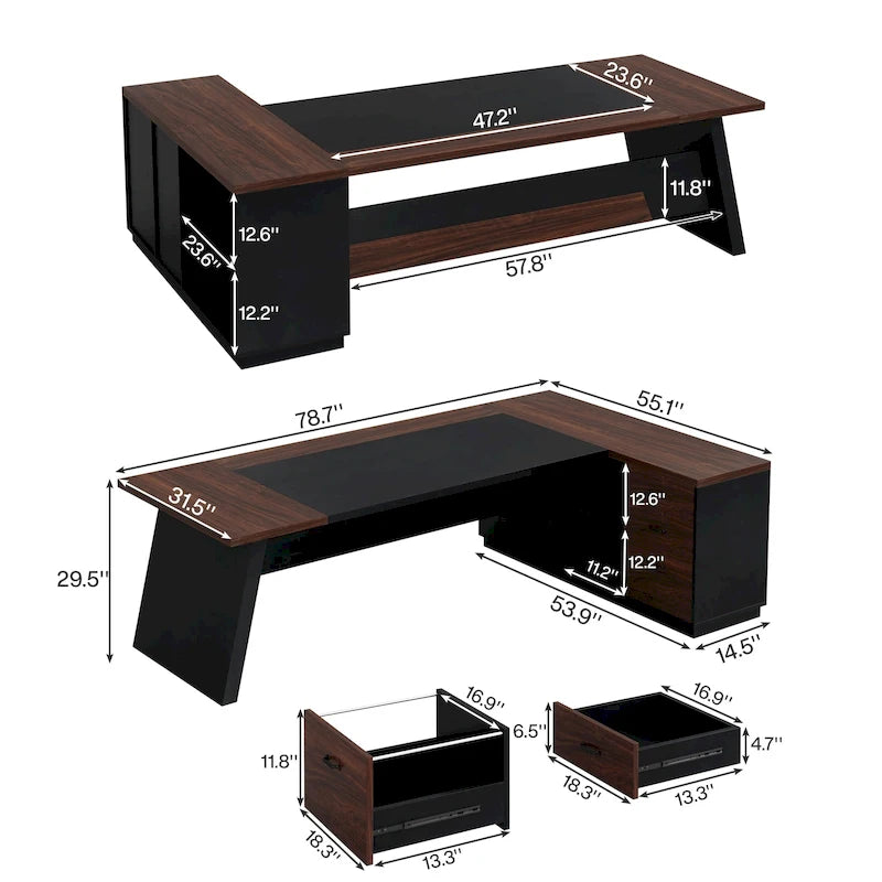 L-Shaped Executive Desk with Drawers and Lateral File Cabinet