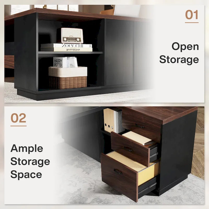 L-Shaped Executive Desk with Drawers and Lateral File Cabinet