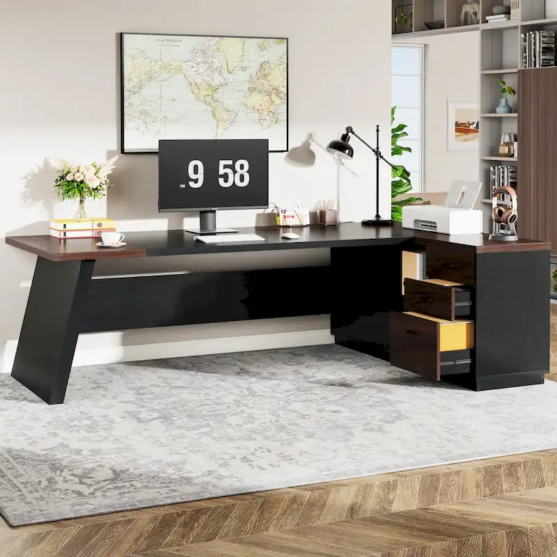 L-Shaped Executive Desk with Drawers and Lateral File Cabinet