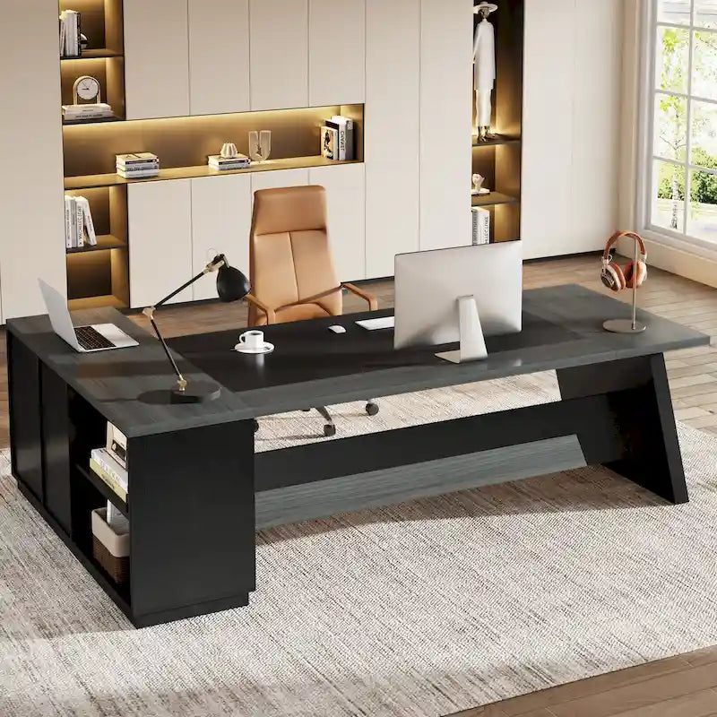 L-Shaped Executive Desk with Drawers and Lateral File Cabinet