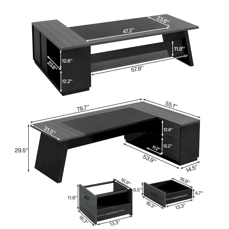 L-Shaped Executive Desk with Drawers and Lateral File Cabinet
