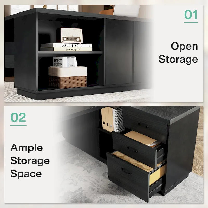 L-Shaped Executive Desk with Drawers and Lateral File Cabinet
