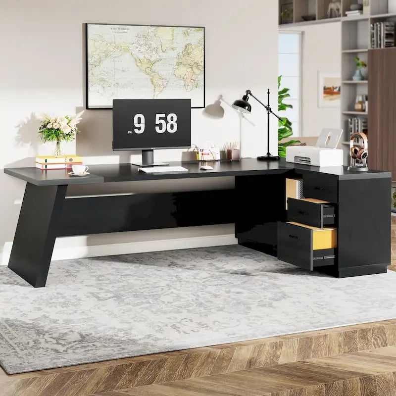 L-Shaped Executive Desk with Drawers and Lateral File Cabinet