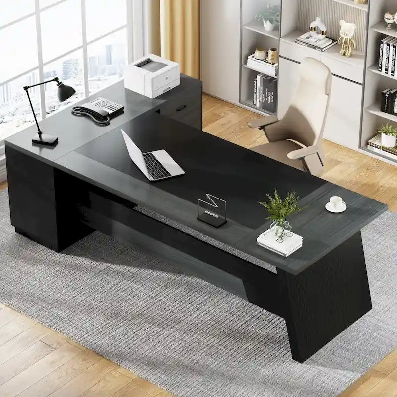 L-Shaped Executive Desk with Drawers and Lateral File Cabinet