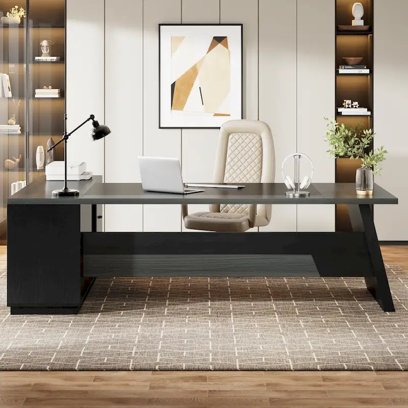 L-Shaped Executive Desk with Drawers and Lateral File Cabinet