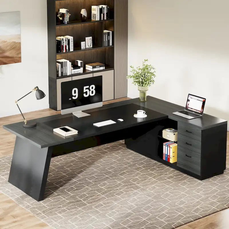 L-Shaped Executive Desk with Drawers and Lateral File Cabinet
