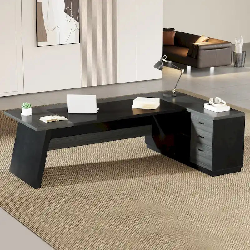 L-Shaped Executive Desk with Drawers and Lateral File Cabinet