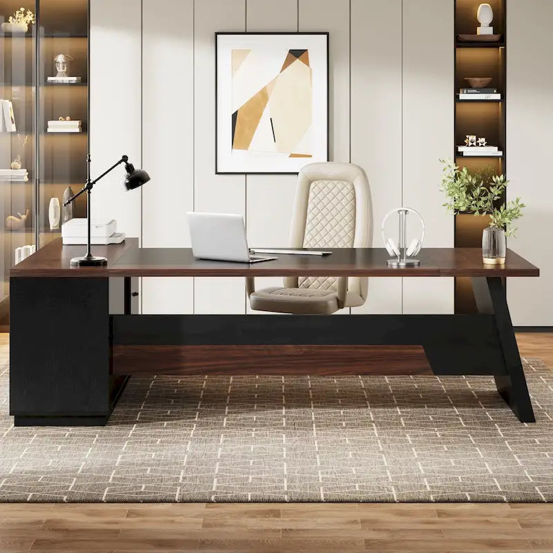 L-Shaped Executive Desk with Drawers and Lateral File Cabinet