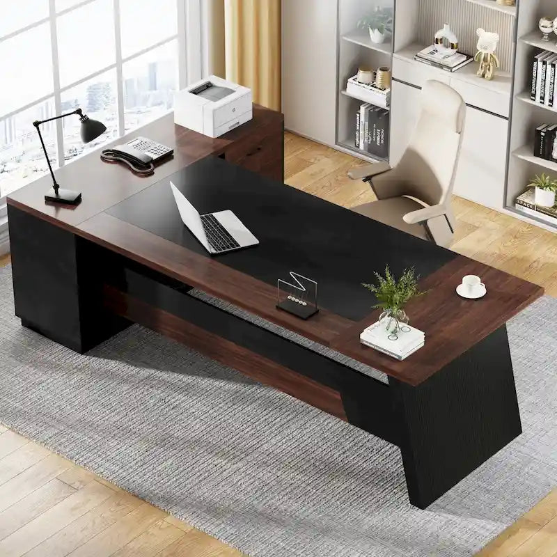 L-Shaped Executive Desk with Drawers and Lateral File Cabinet