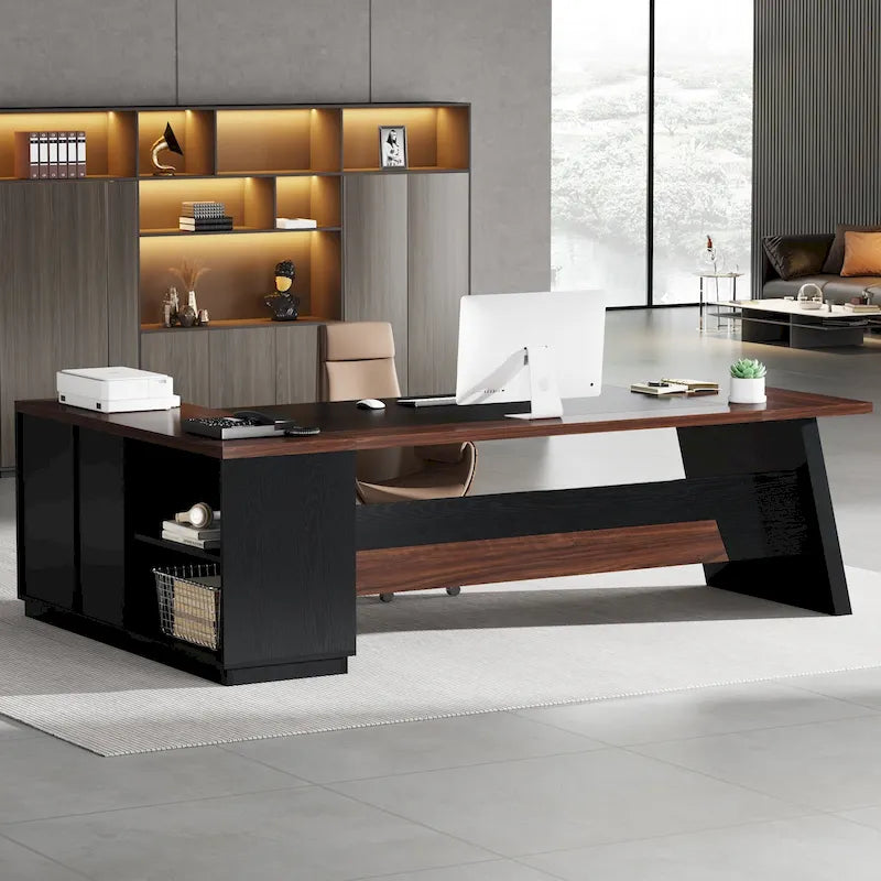 L-Shaped Executive Desk with Drawers and Lateral File Cabinet