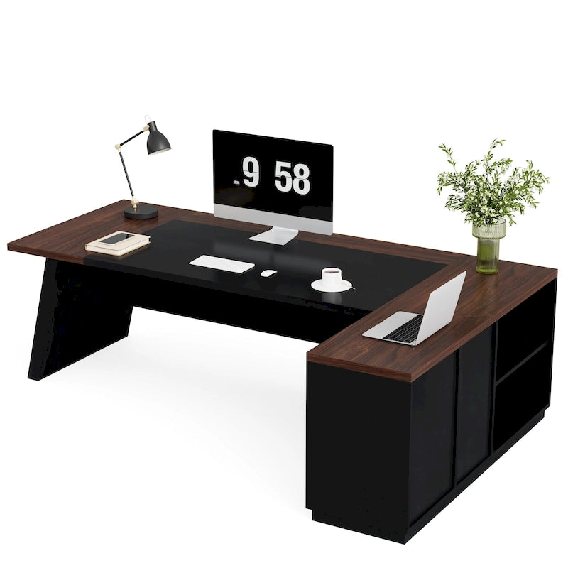 L-Shaped Executive Desk with Drawers and Lateral File Cabinet