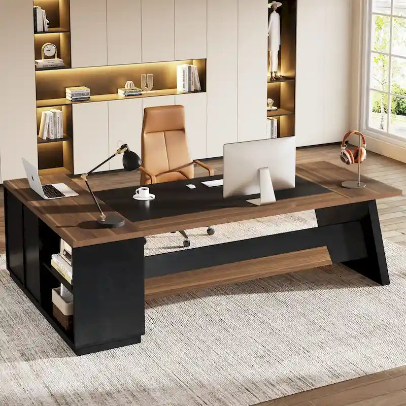 L-Shaped Executive Desk with Drawers and Lateral File Cabinet