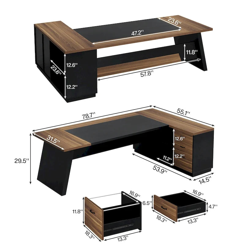 L-Shaped Executive Desk with Drawers and Lateral File Cabinet