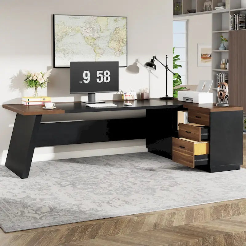 L-Shaped Executive Desk with Drawers and Lateral File Cabinet
