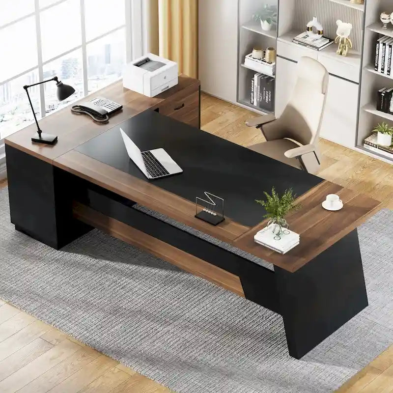 L-Shaped Executive Desk with Drawers and Lateral File Cabinet
