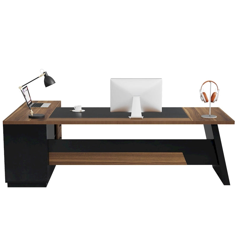 L-Shaped Executive Desk with Drawers and Lateral File Cabinet