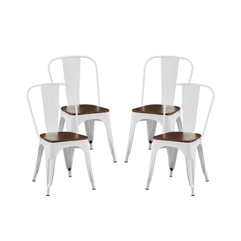 Industrial Metal Stackable Dining Chair Set with Walnut Wood Seat