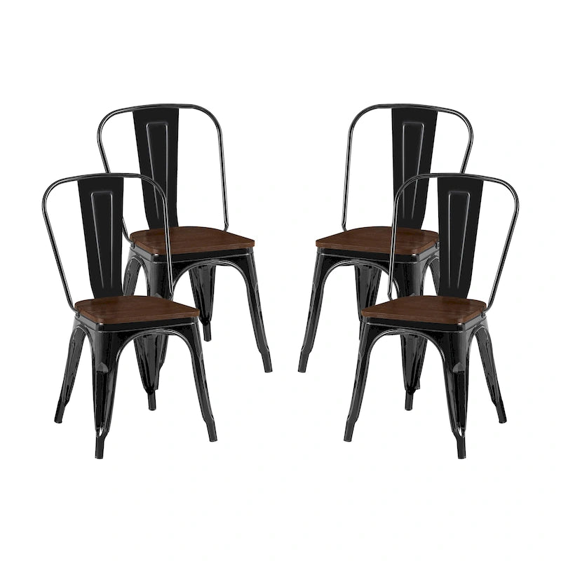 Wooden Seat Industrial Metal Stackable Dining Chair Set