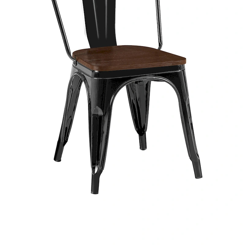Industrial Metal Stackable Dining Chair Set with Walnut Wood Seat