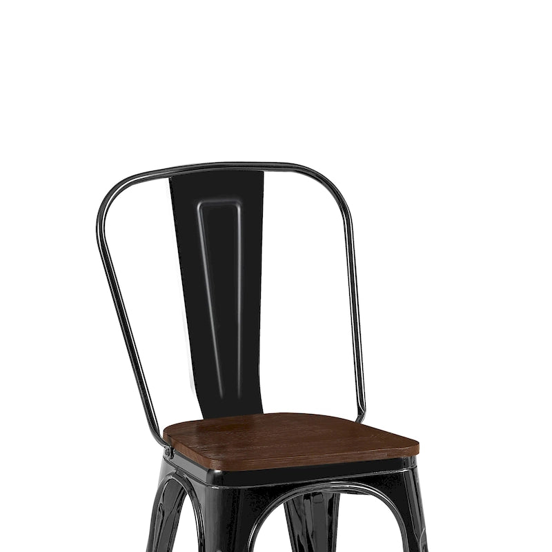 Industrial Metal Stackable Dining Chair Set with Walnut Wood Seat