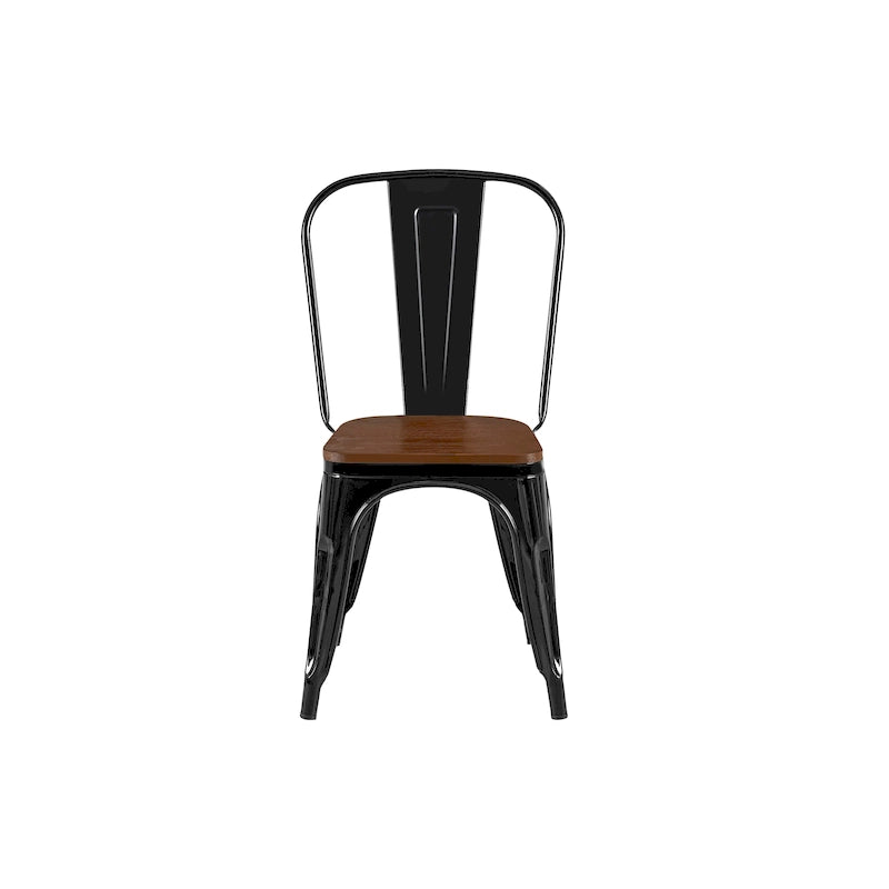 Industrial Metal Stackable Dining Chair Set with Walnut Wood Seat