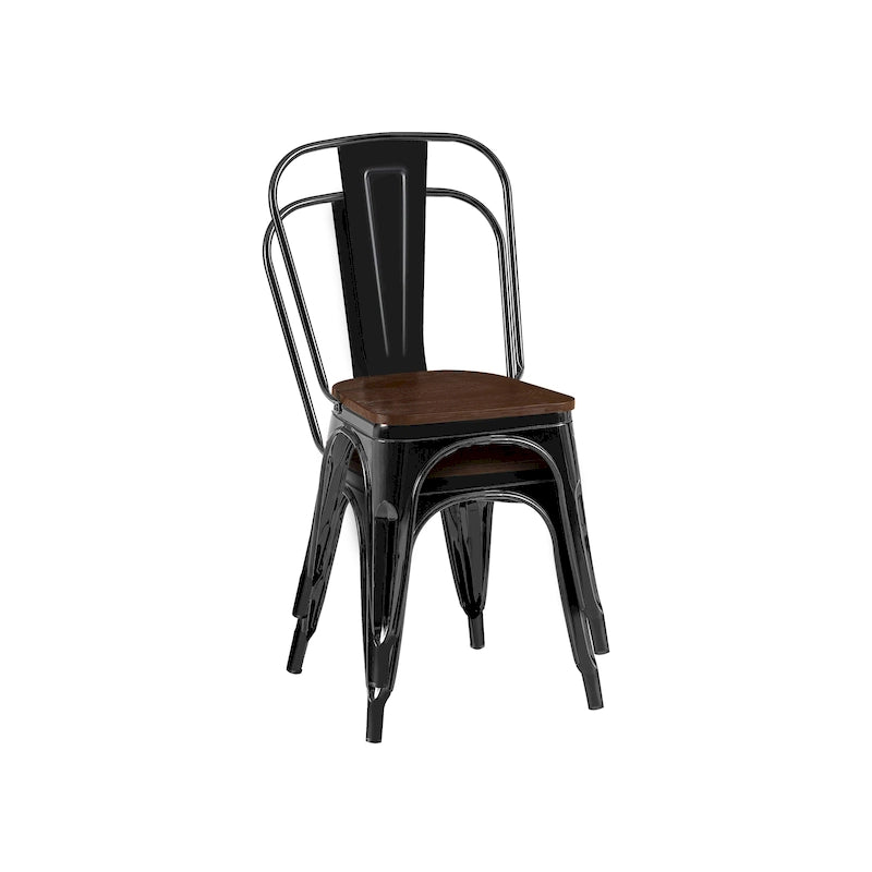 Industrial Metal Stackable Dining Chair Set with Walnut Wood Seat