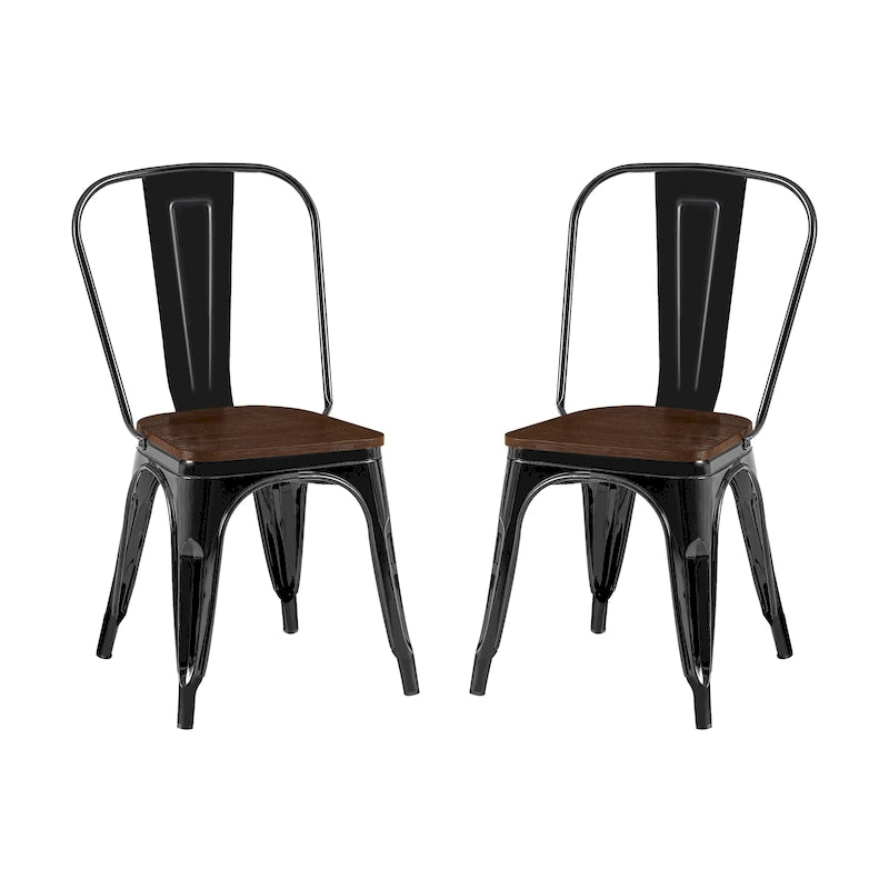 Industrial Metal Stackable Dining Chair Set with Walnut Wood Seat